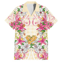 Hawaii Palaka Family Matching Off Shoulder Short Dress and Hawaiian Shirt Yellow Tribal Pattern With Tropical Flowers - Polynesian Pride