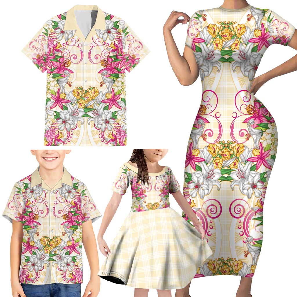Hawaii Palaka Family Matching Short Sleeve Bodycon Dress and Hawaiian Shirt Yellow Tribal Pattern With Tropical Flowers - Polynesian Pride