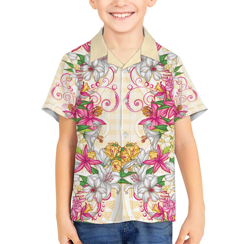 Hawaii Palaka Family Matching Short Sleeve Bodycon Dress and Hawaiian Shirt Yellow Tribal Pattern With Tropical Flowers - Polynesian Pride