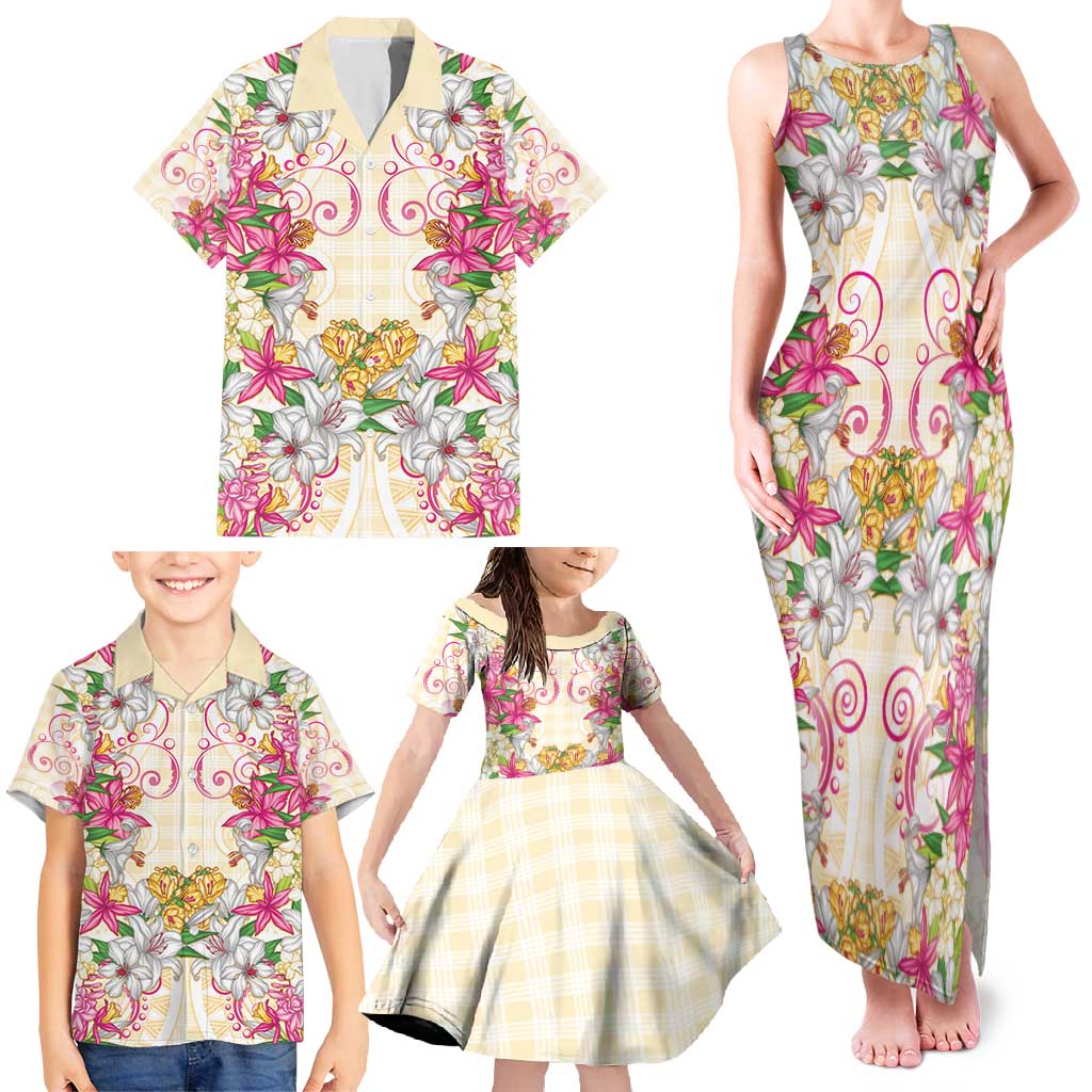 Hawaii Palaka Family Matching Tank Maxi Dress and Hawaiian Shirt Yellow Tribal Pattern With Tropical Flowers - Polynesian Pride