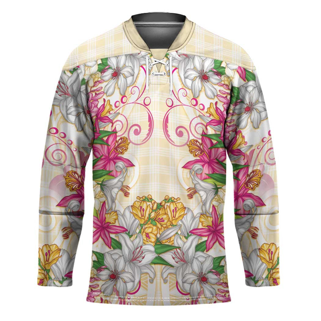 Hawaii Palaka Hockey Jersey Yellow Tribal Pattern With Tropical Flowers - Polynesian Pride