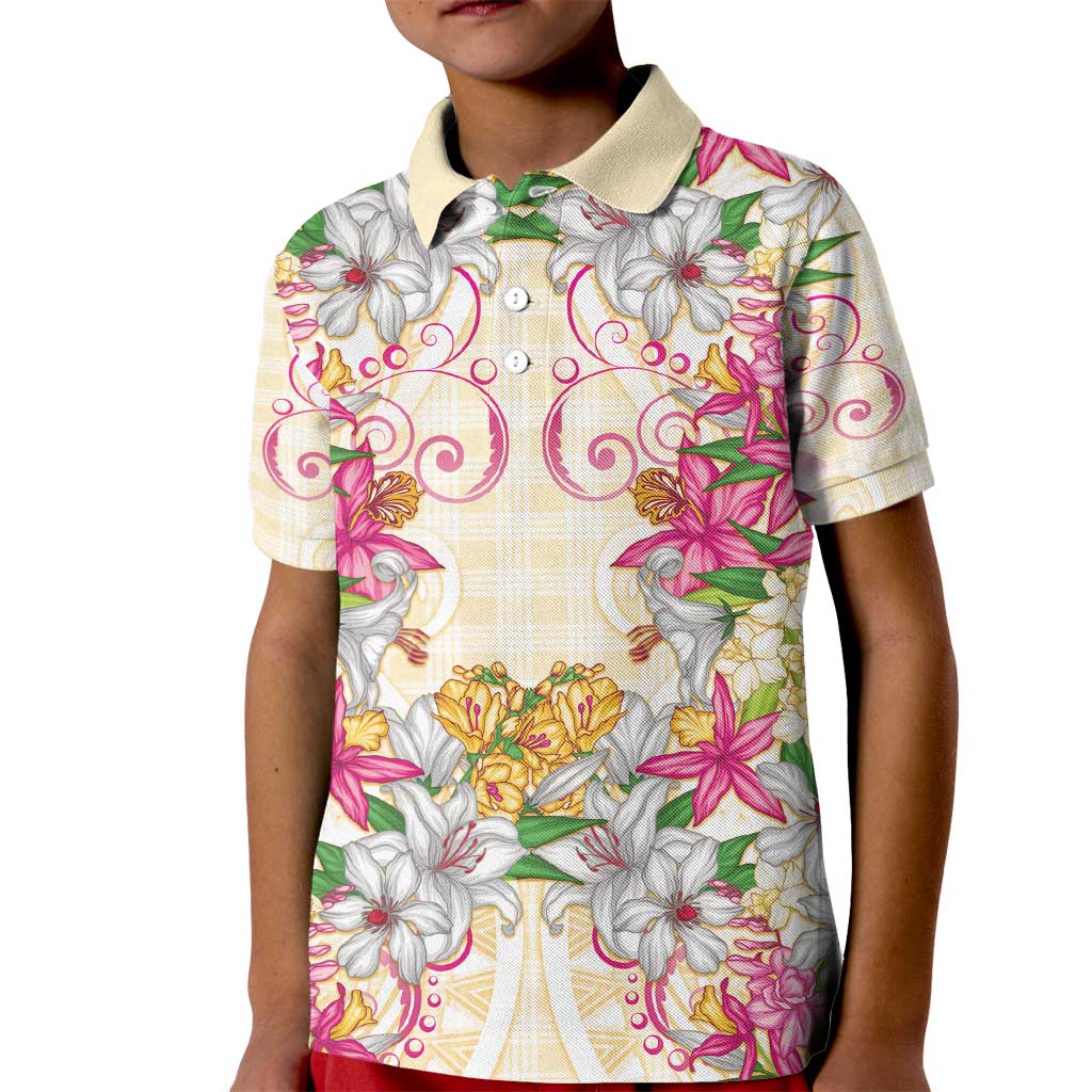 Hawaii Palaka Kid Polo Shirt Yellow Tribal Pattern With Tropical Flowers - Polynesian Pride