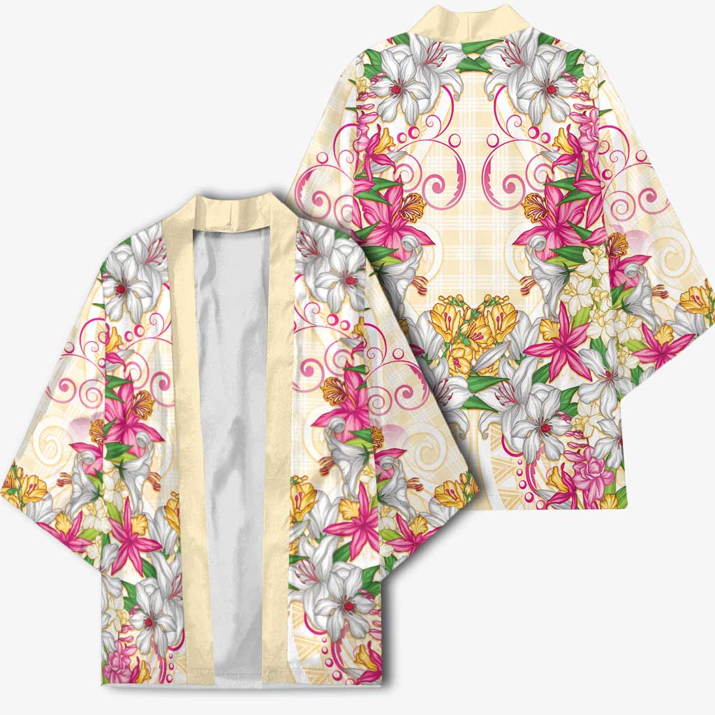 Hawaii Palaka Kimono Yellow Tribal Pattern With Tropical Flowers - Polynesian Pride