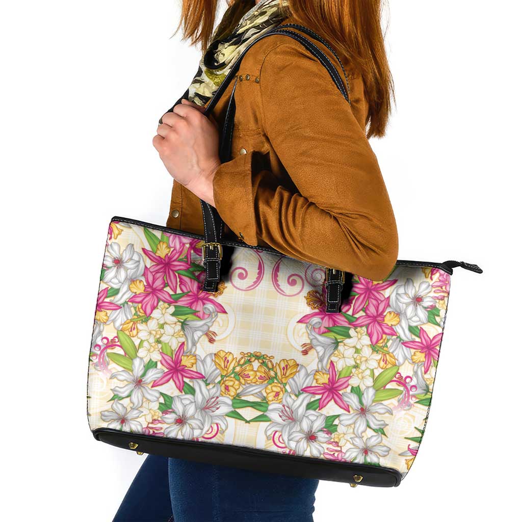 Hawaii Palaka Leather Tote Bag Yellow Tribal Pattern With Tropical Flowers - Polynesian Pride