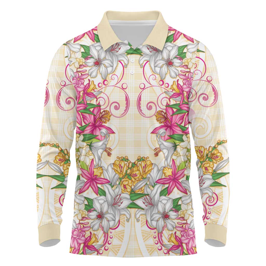 Hawaii Palaka Long Sleeve Polo Shirt Yellow Tribal Pattern With Tropical Flowers - Polynesian Pride