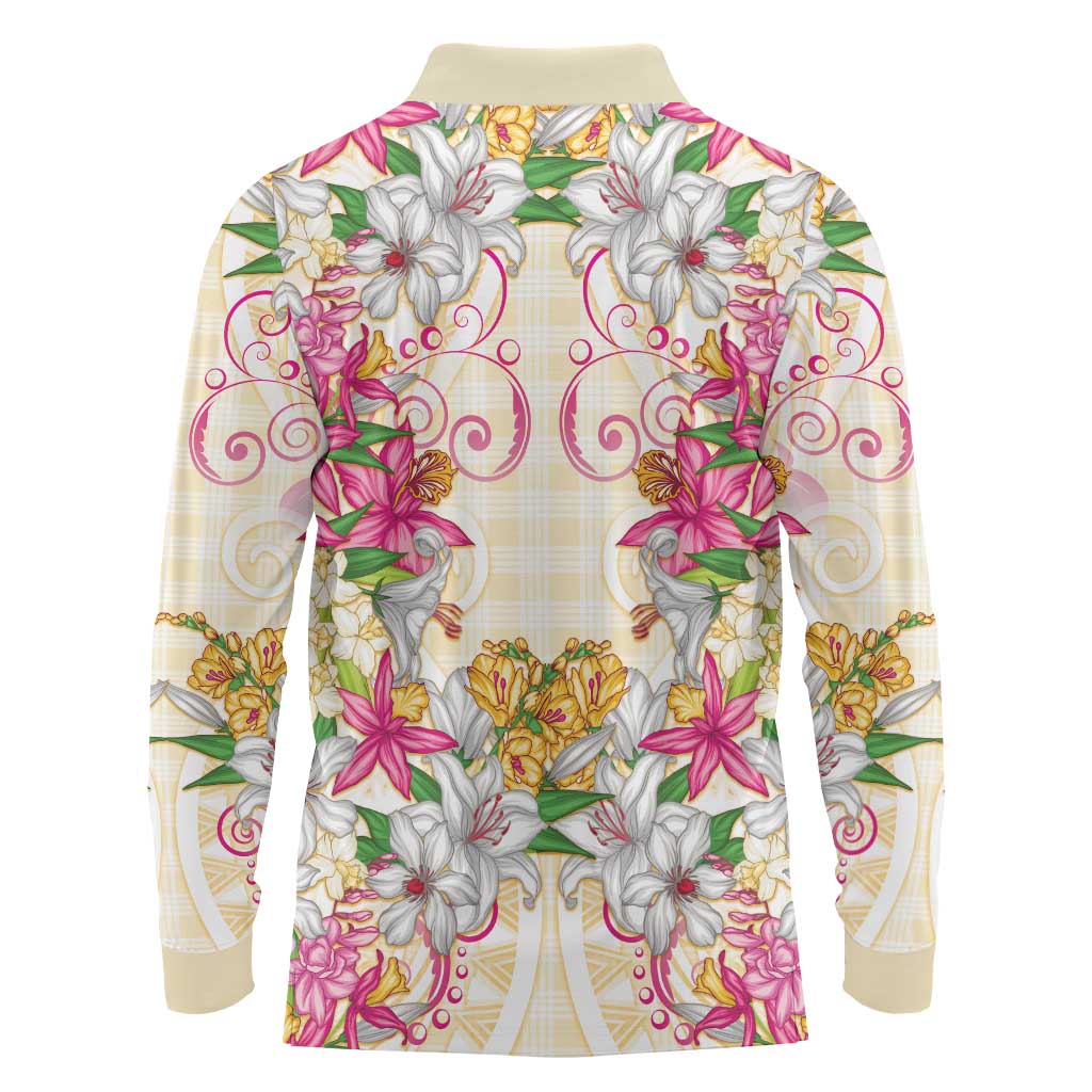 Hawaii Palaka Long Sleeve Polo Shirt Yellow Tribal Pattern With Tropical Flowers - Polynesian Pride