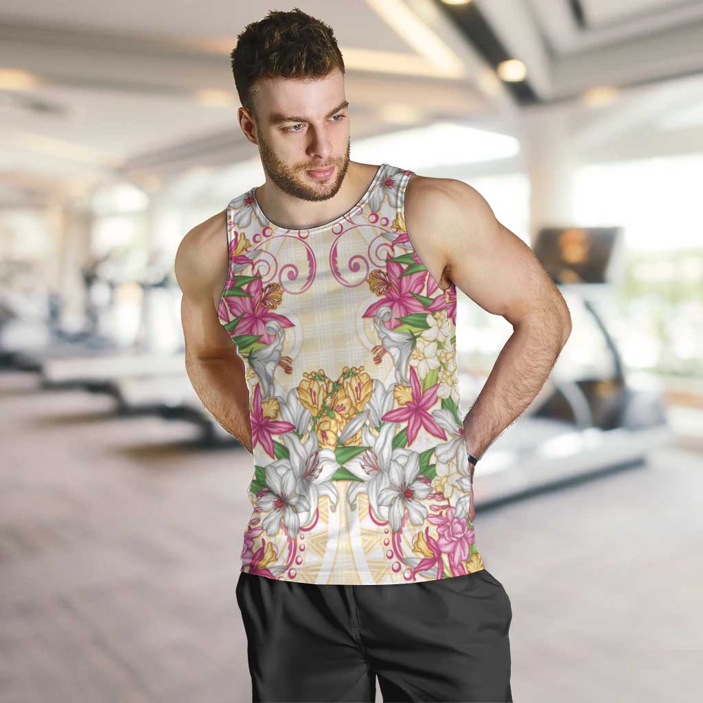 Hawaii Palaka Men Tank Top Yellow Tribal Pattern With Tropical Flowers - Polynesian Pride