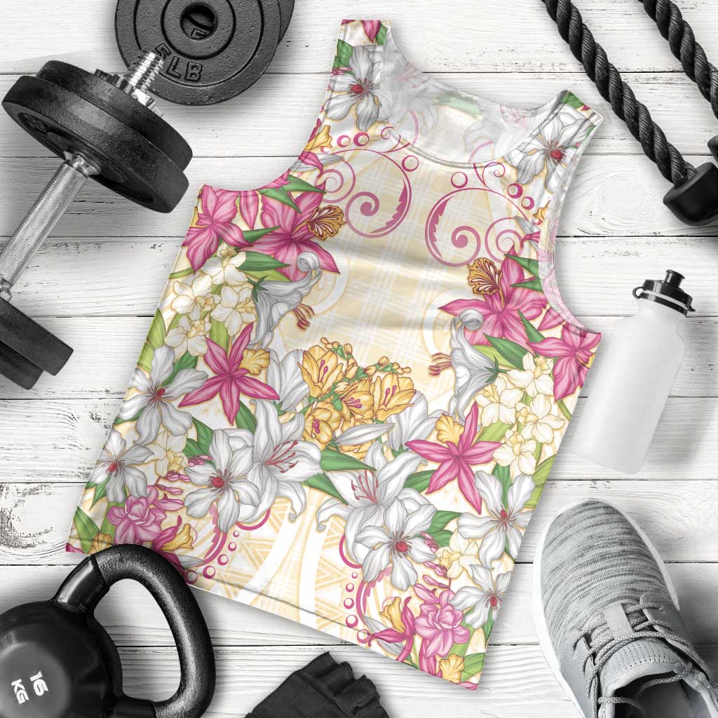 Hawaii Palaka Men Tank Top Yellow Tribal Pattern With Tropical Flowers - Polynesian Pride