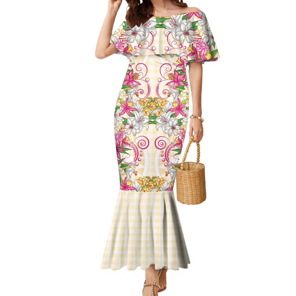 Hawaii Palaka Mermaid Dress Yellow Tribal Pattern With Tropical Flowers - Polynesian Pride