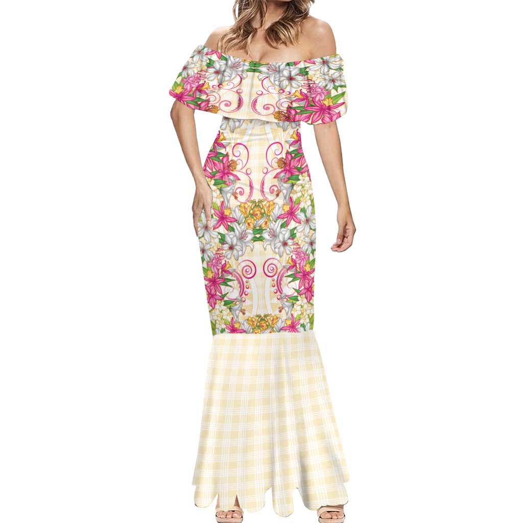 Hawaii Palaka Mermaid Dress Yellow Tribal Pattern With Tropical Flowers - Polynesian Pride