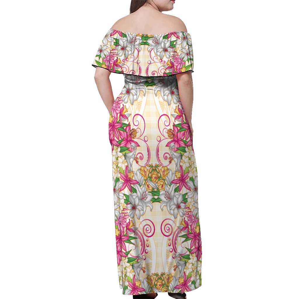 Hawaii Palaka Off Shoulder Maxi Dress Yellow Tribal Pattern With Tropical Flowers - Polynesian Pride