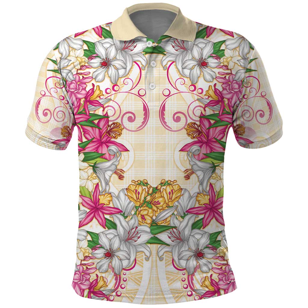 Hawaii Palaka Polo Shirt Yellow Tribal Pattern With Tropical Flowers - Polynesian Pride