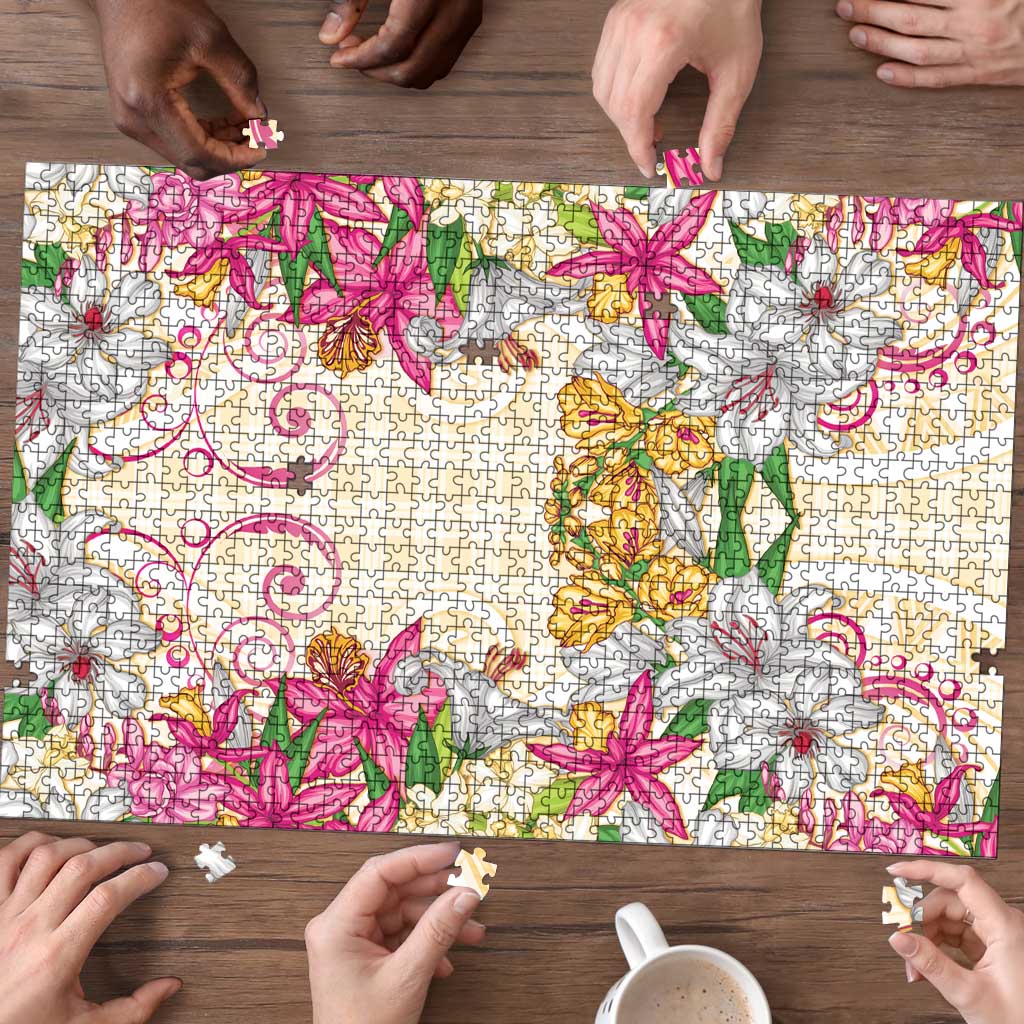 Hawaii Palaka Puzzle Yellow Tribal Pattern With Tropical Flowers - Polynesian Pride