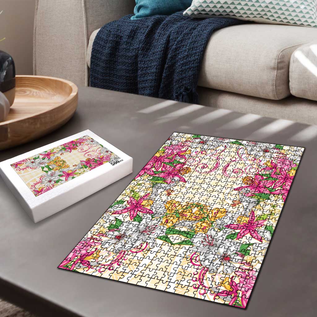 Hawaii Palaka Puzzle Yellow Tribal Pattern With Tropical Flowers - Polynesian Pride