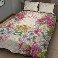 Hawaii Palaka Quilt Bed Set Yellow Tribal Pattern With Tropical Flowers - Polynesian Pride