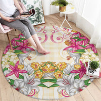Hawaii Palaka Round Carpet Yellow Tribal Pattern With Tropical Flowers - Polynesian Pride