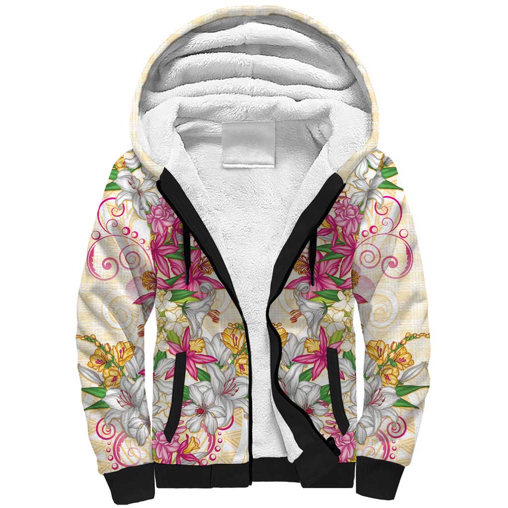 Hawaii Palaka Sherpa Hoodie Yellow Tribal Pattern With Tropical Flowers - Polynesian Pride