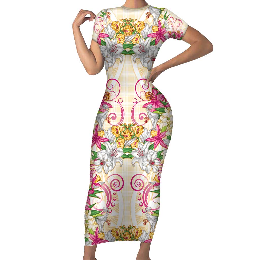 Hawaii Palaka Short Sleeve Bodycon Dress Yellow Tribal Pattern With Tropical Flowers - Polynesian Pride