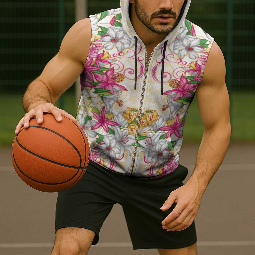 Hawaii Palaka Sleeveless Zip Hoodie Yellow Tribal Pattern With Tropical Flowers - Polynesian Pride