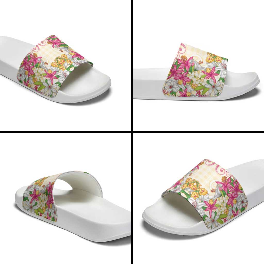 Hawaii Palaka Slide Sandals Yellow Tribal Pattern With Tropical Flowers - Polynesian Pride