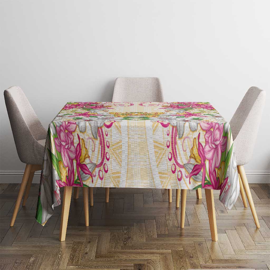 Hawaii Palaka Tablecloth Yellow Tribal Pattern With Tropical Flowers - Polynesian Pride
