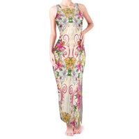 Hawaii Palaka Tank Maxi Dress Yellow Tribal Pattern With Tropical Flowers - Polynesian Pride
