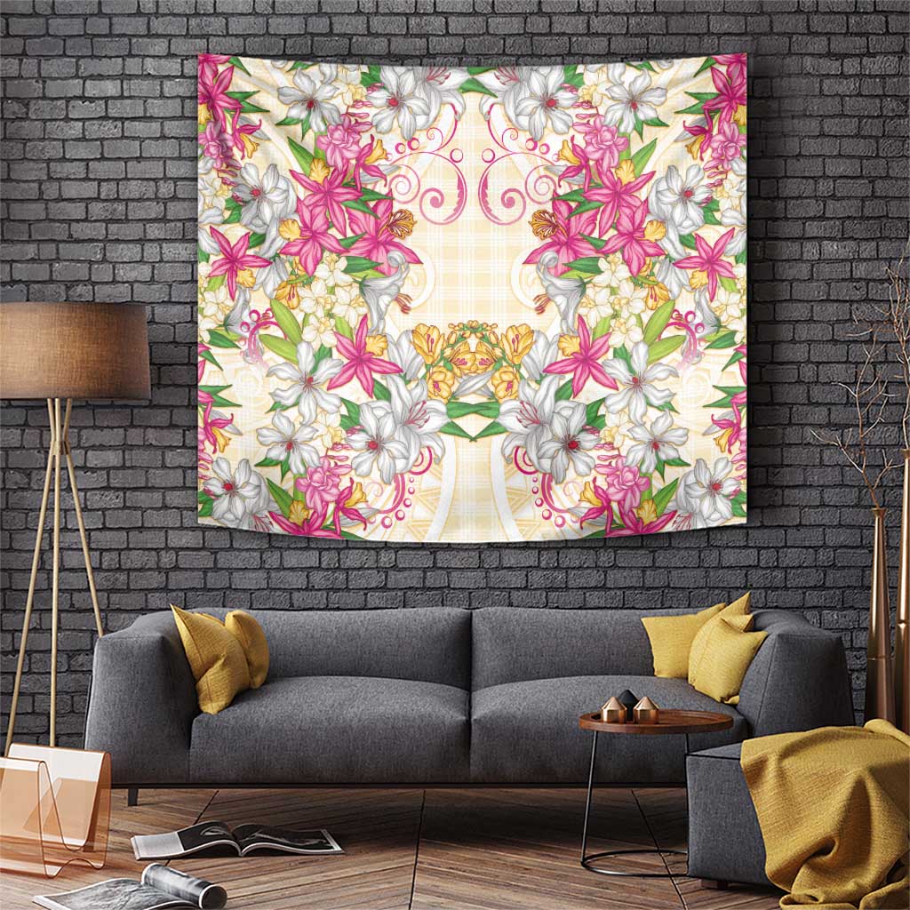 Hawaii Palaka Tapestry Yellow Tribal Pattern With Tropical Flowers - Polynesian Pride