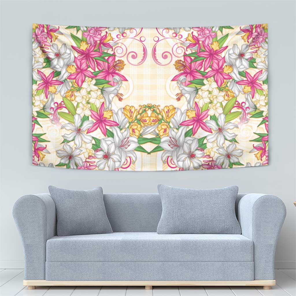 Hawaii Palaka Tapestry Yellow Tribal Pattern With Tropical Flowers - Polynesian Pride