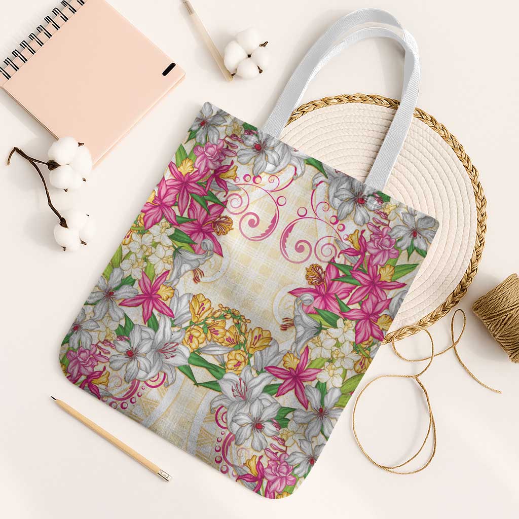 Hawaii Palaka Tote Bag Yellow Tribal Pattern With Tropical Flowers - Polynesian Pride