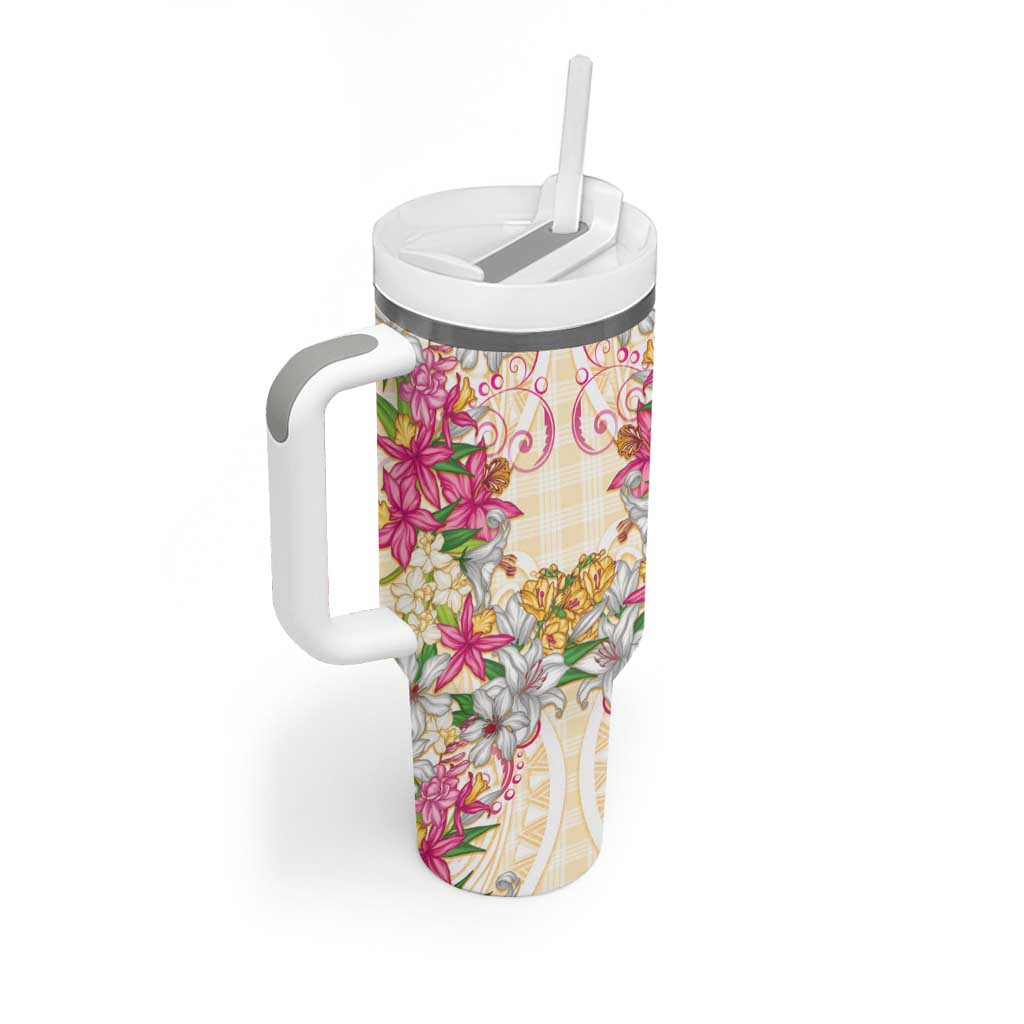 Hawaii Palaka Tumbler With Handle Yellow Tribal Pattern With Tropical Flowers - Polynesian Pride