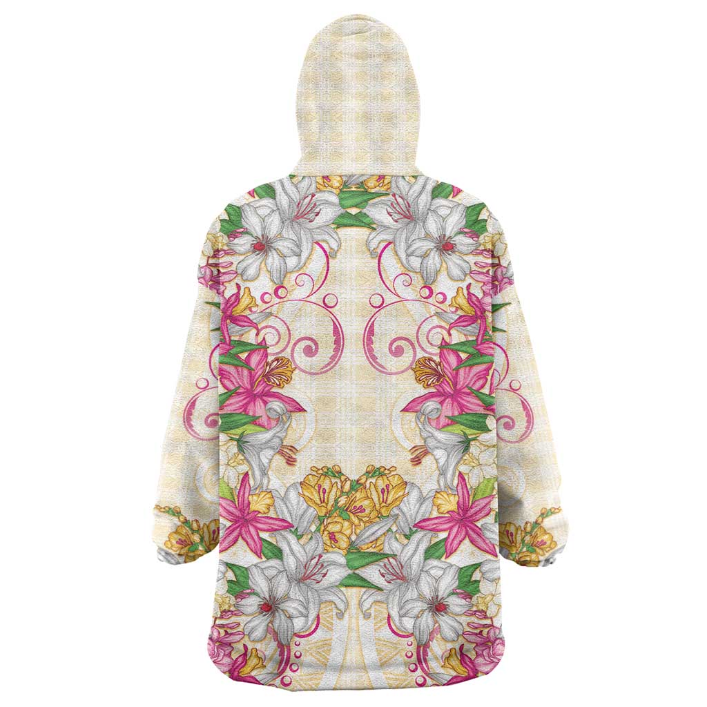 Hawaii Palaka Wearable Blanket Hoodie Yellow Tribal Pattern With Tropical Flowers - Polynesian Pride