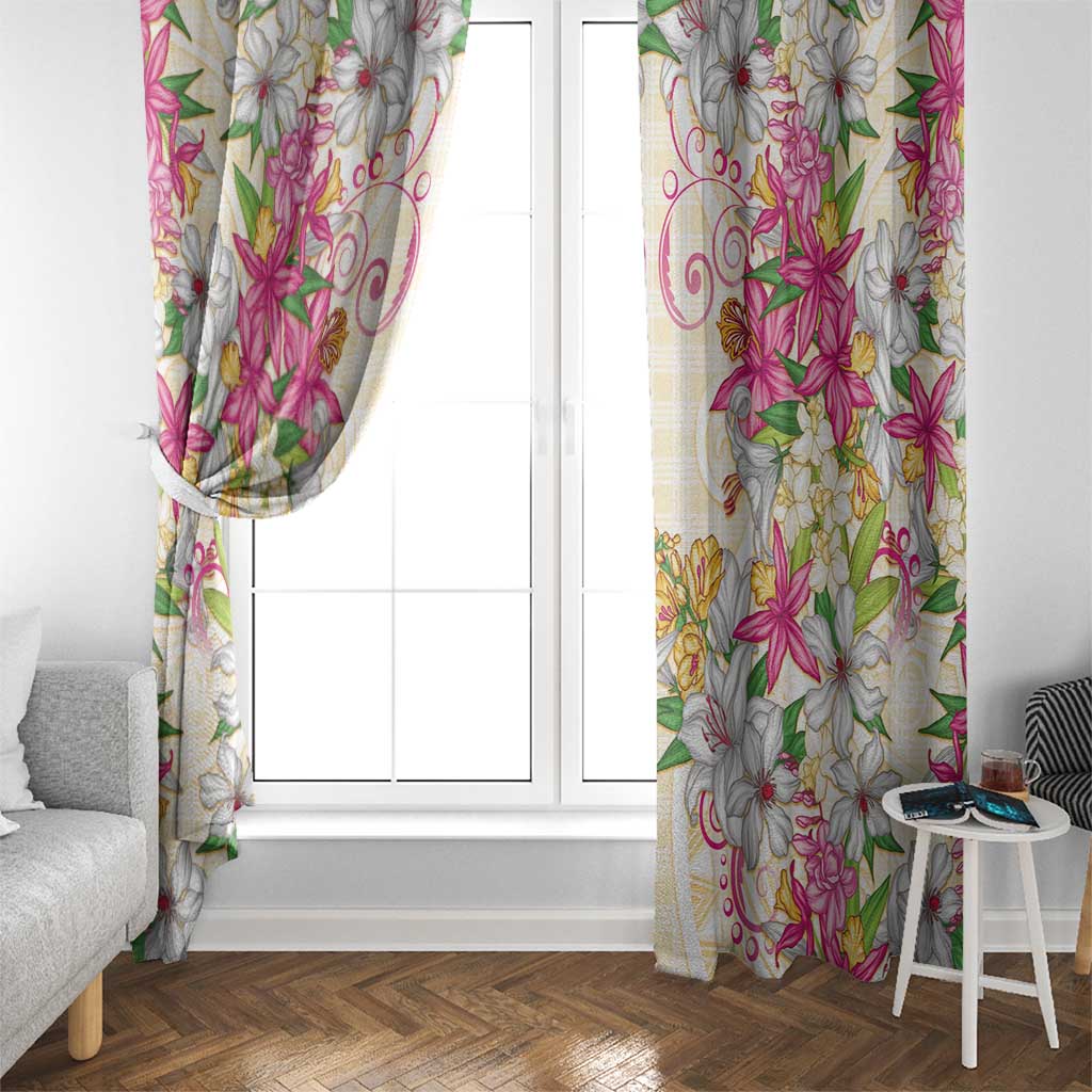 Hawaii Palaka Window Curtain Yellow Tribal Pattern With Tropical Flowers - Polynesian Pride