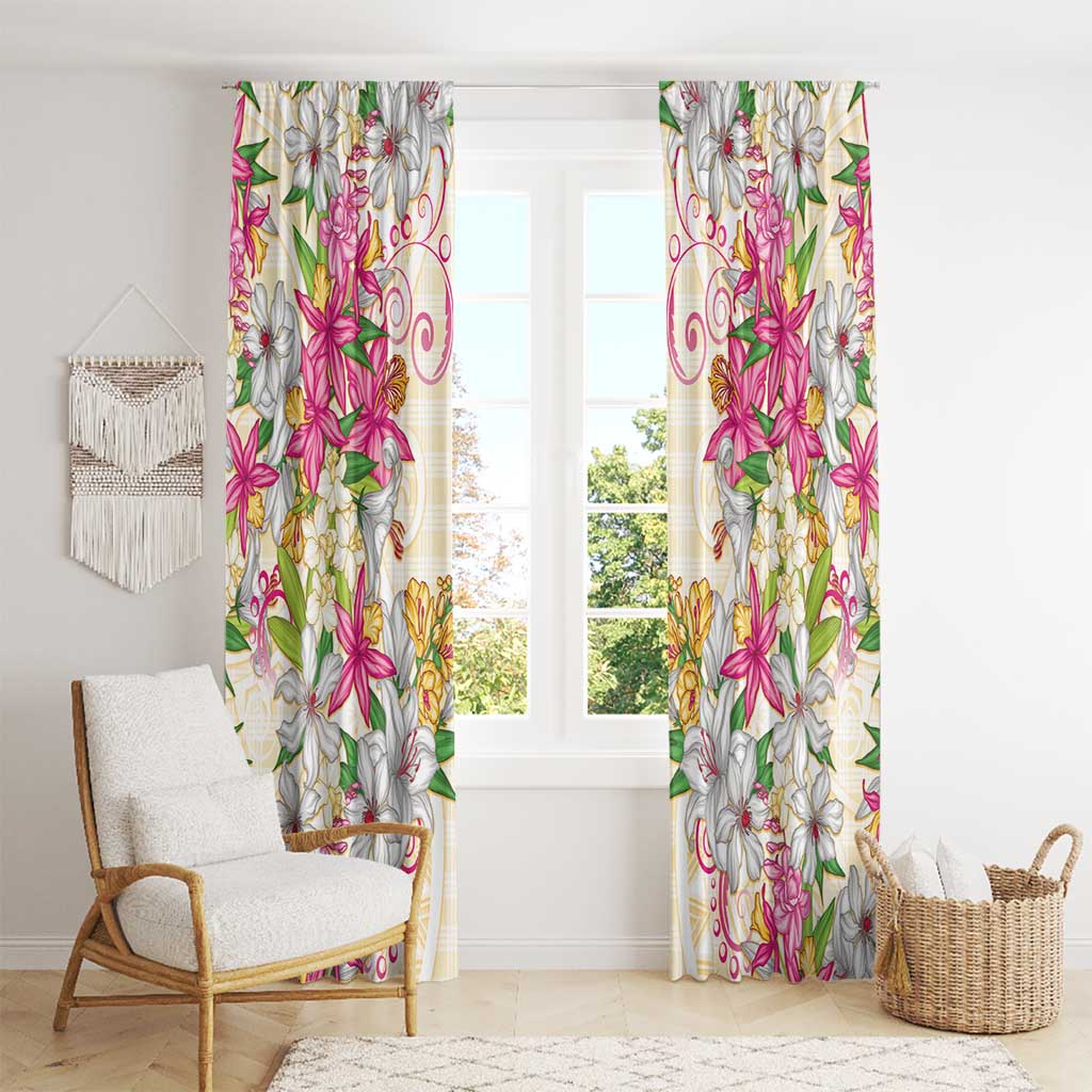 Hawaii Palaka Window Curtain Yellow Tribal Pattern With Tropical Flowers - Polynesian Pride