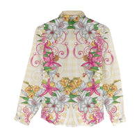 Hawaii Palaka Women Casual Shirt Yellow Tribal Pattern With Tropical Flowers - Polynesian Pride