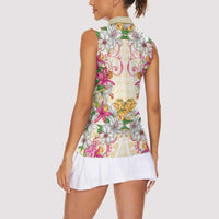 Hawaii Palaka Women Sleeveless Polo Shirt Yellow Tribal Pattern With Tropical Flowers - Polynesian Pride