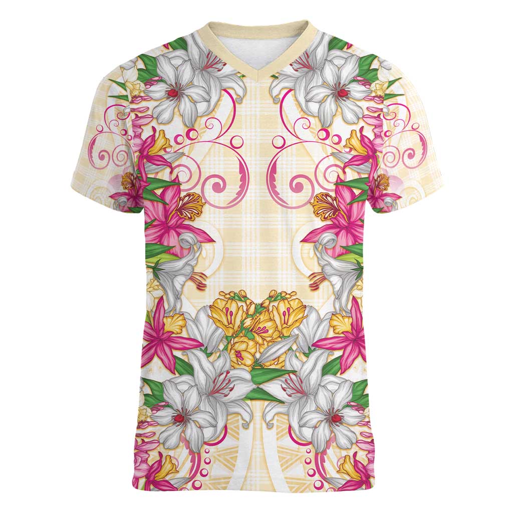 Hawaii Palaka Women V-Neck T-Shirt Yellow Tribal Pattern With Tropical Flowers - Polynesian Pride