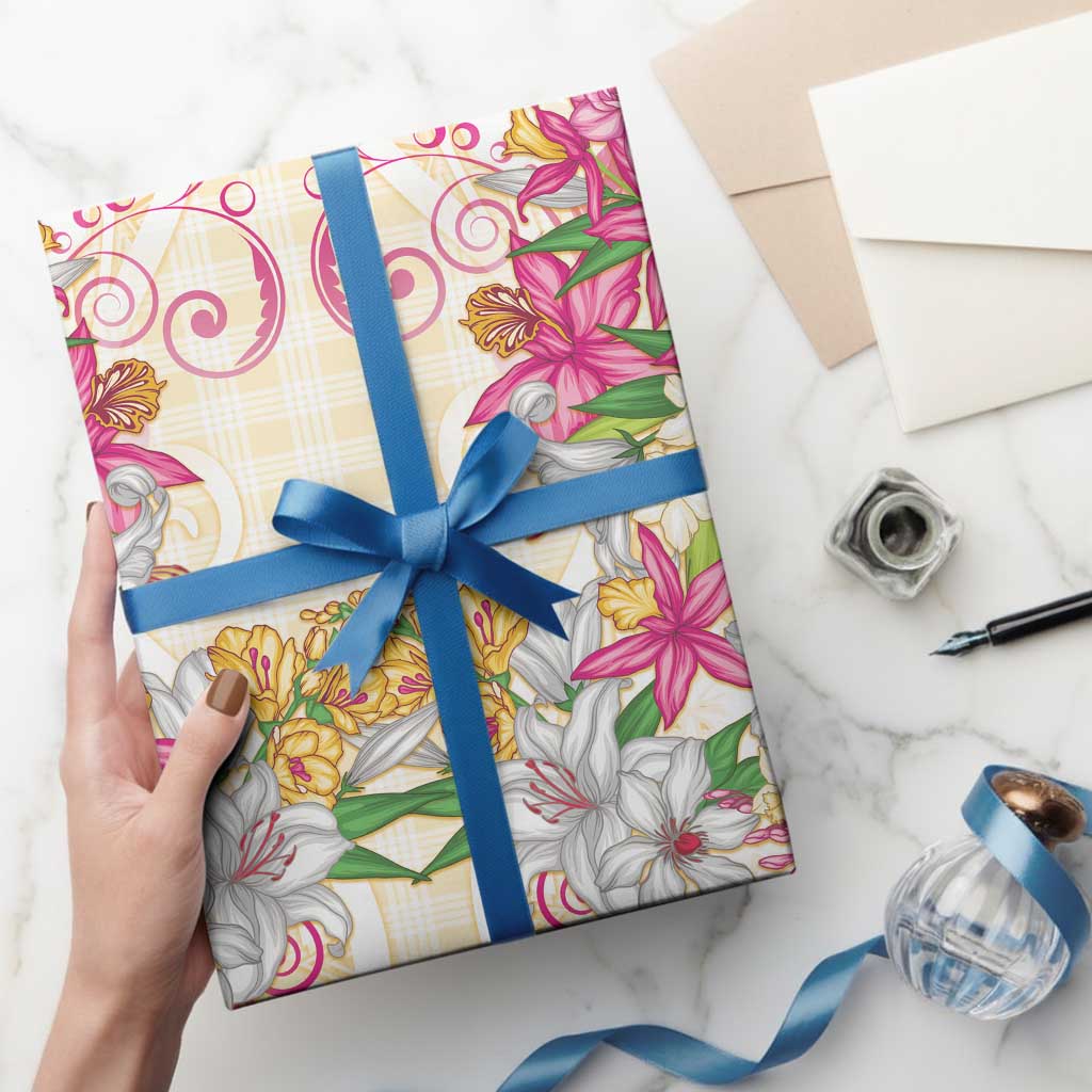 Hawaii Palaka Wrapping Paper Yellow Tribal Pattern With Tropical Flowers - Polynesian Pride