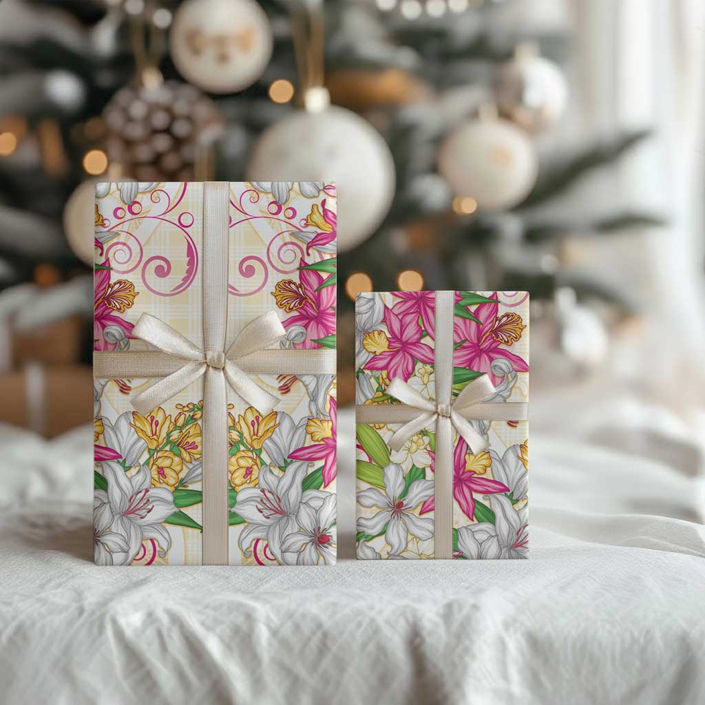 Hawaii Palaka Wrapping Paper Yellow Tribal Pattern With Tropical Flowers - Polynesian Pride