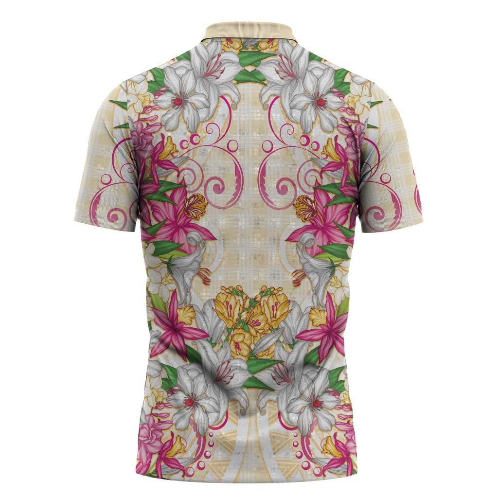 Hawaii Palaka Zipper Polo Shirt Yellow Tribal Pattern With Tropical Flowers - Polynesian Pride