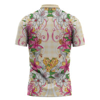 Hawaii Palaka Zipper Polo Shirt Yellow Tribal Pattern With Tropical Flowers - Polynesian Pride
