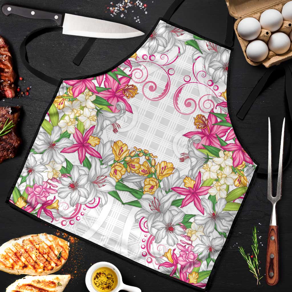 Hawaii Palaka Apron White Tribal Pattern With Tropical Flowers - Polynesian Pride