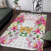 Hawaii Palaka Area Rug White Tribal Pattern With Tropical Flowers - Polynesian Pride