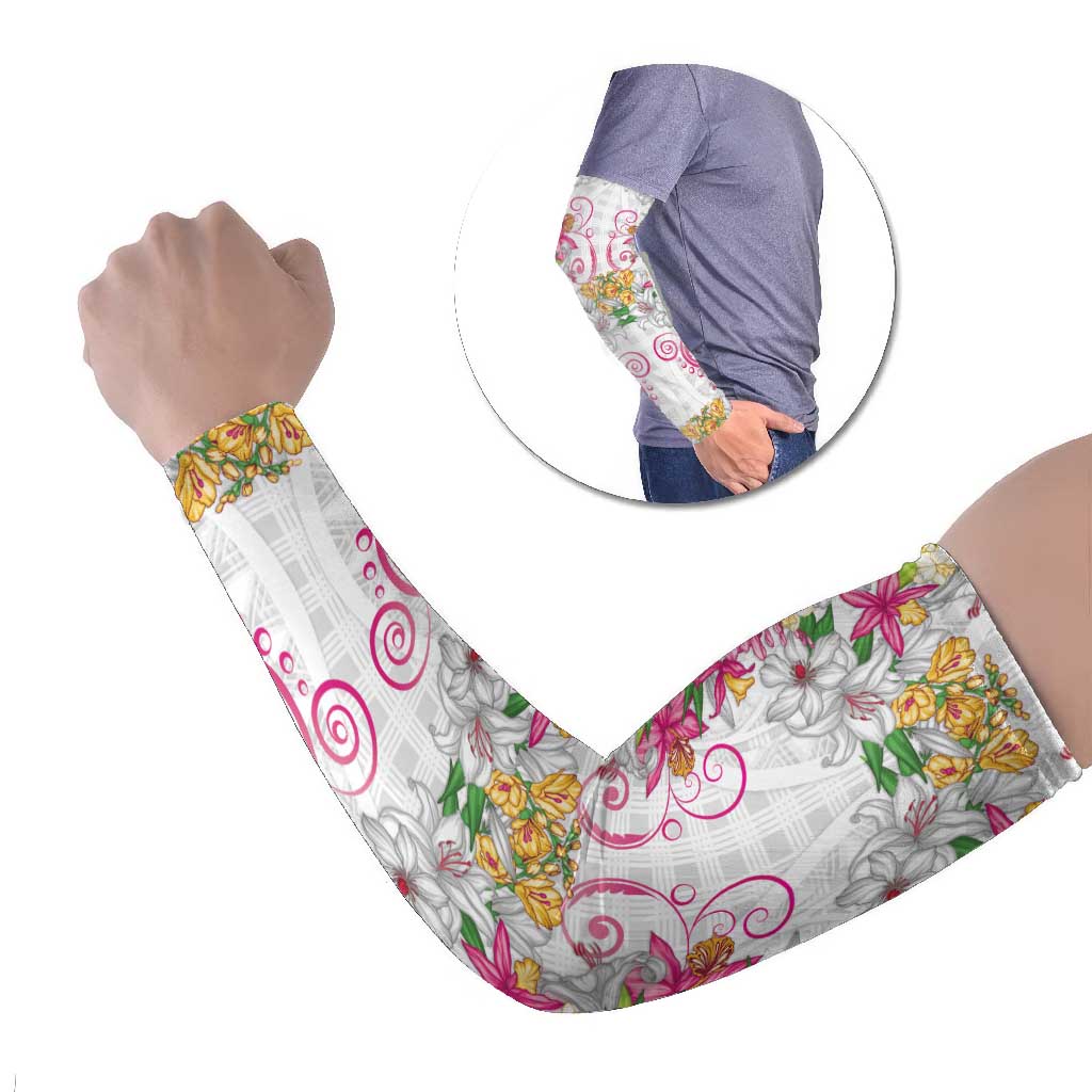 Hawaii Palaka Arm Sleeves White Tribal Pattern With Tropical Flowers - Polynesian Pride