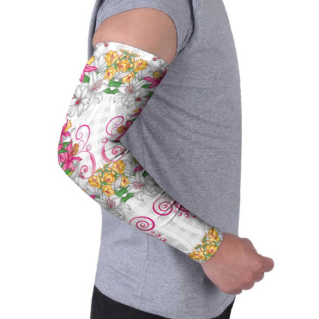Hawaii Palaka Arm Sleeves White Tribal Pattern With Tropical Flowers - Polynesian Pride
