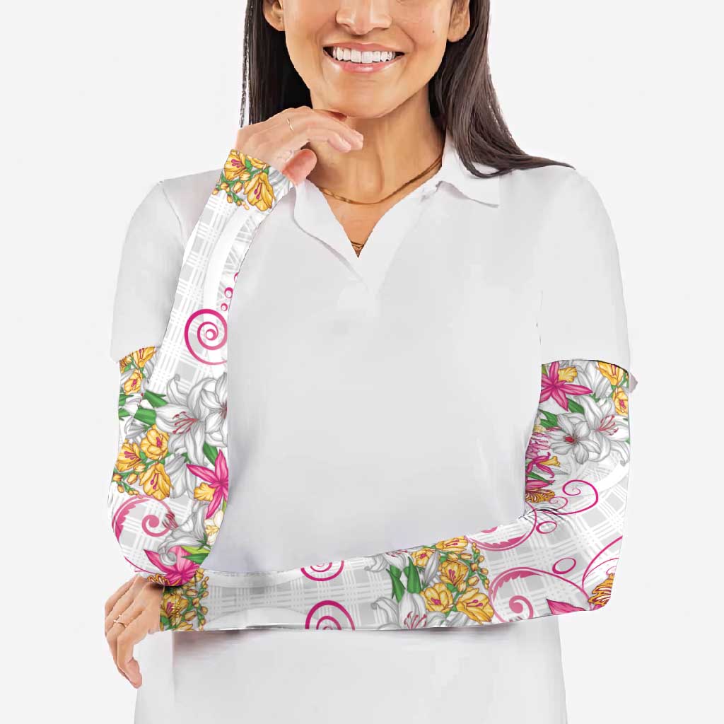 Hawaii Palaka Arm Sleeves White Tribal Pattern With Tropical Flowers - Polynesian Pride