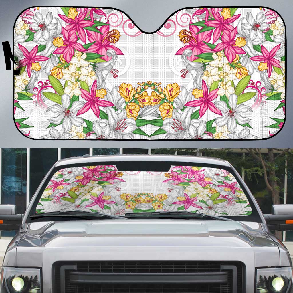 Hawaii Palaka Auto Sun Shade White Tribal Pattern With Tropical Flowers - Polynesian Pride