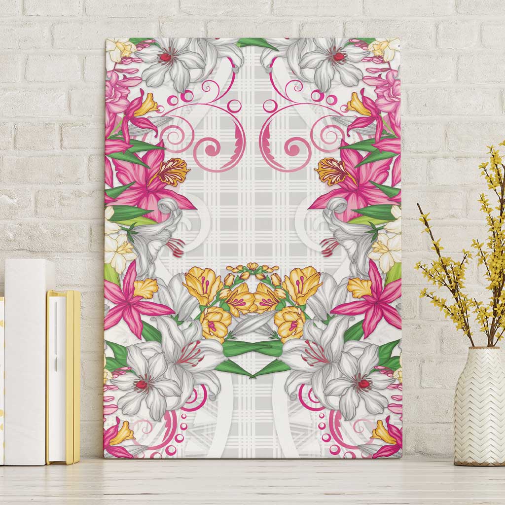 Hawaii Palaka Canvas Wall Art White Tribal Pattern With Tropical Flowers - Polynesian Pride