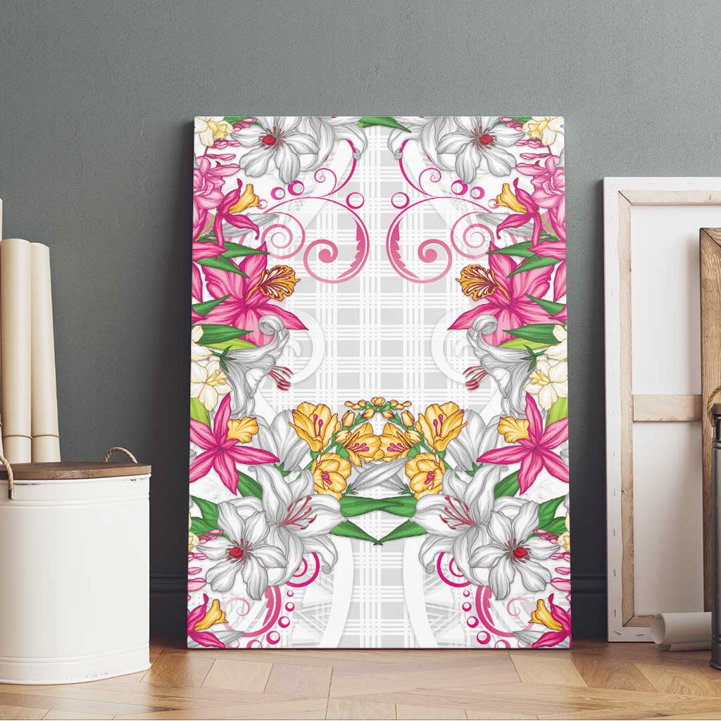 Hawaii Palaka Canvas Wall Art White Tribal Pattern With Tropical Flowers - Polynesian Pride