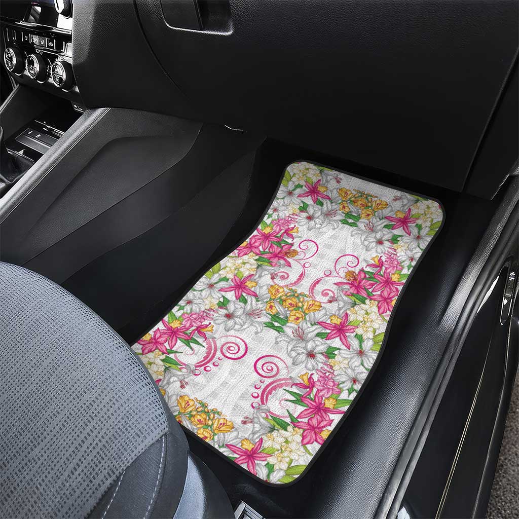 Hawaii Palaka Car Mats White Tribal Pattern With Tropical Flowers - Polynesian Pride