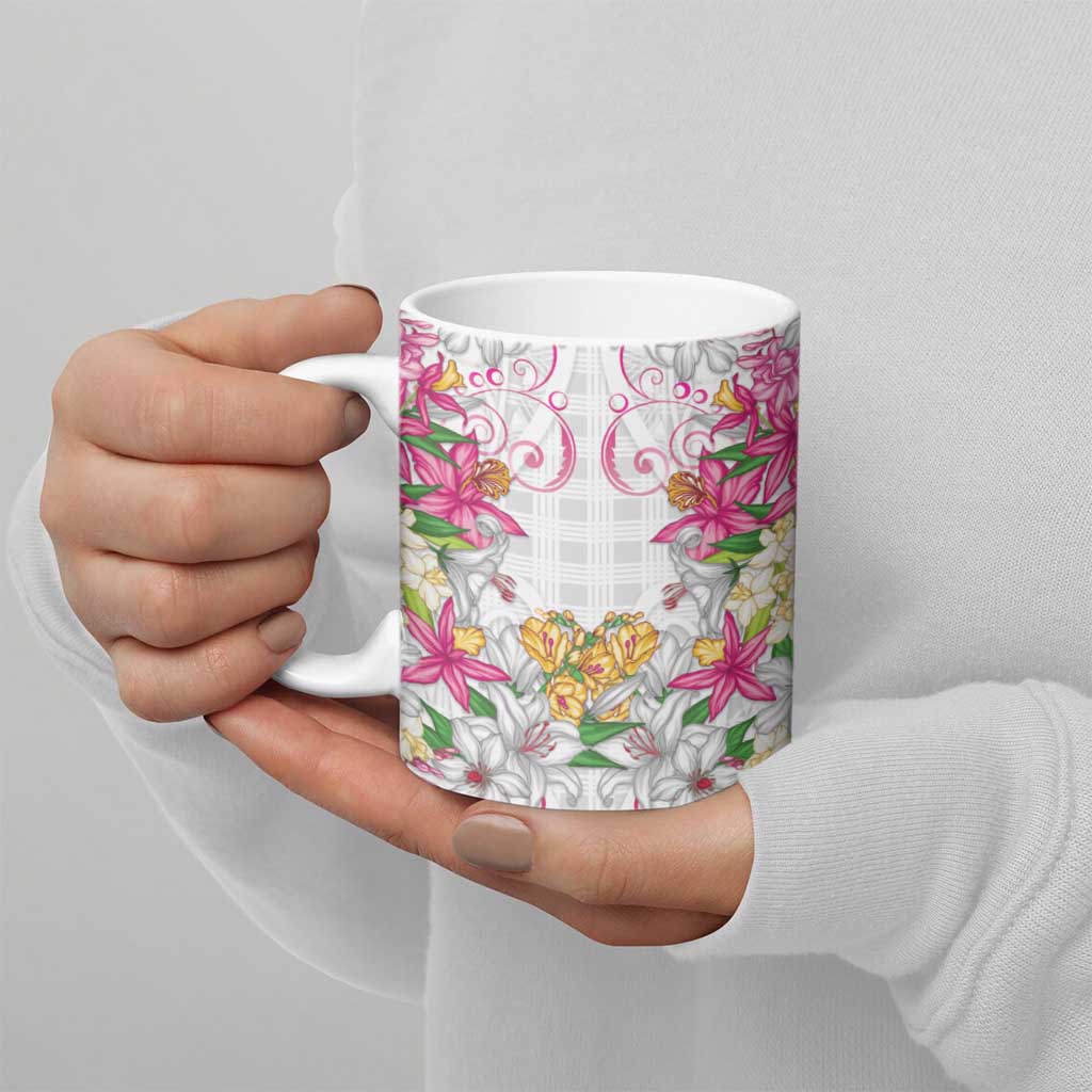 Hawaii Palaka Ceramic Mug White Tribal Pattern With Tropical Flowers - Polynesian Pride